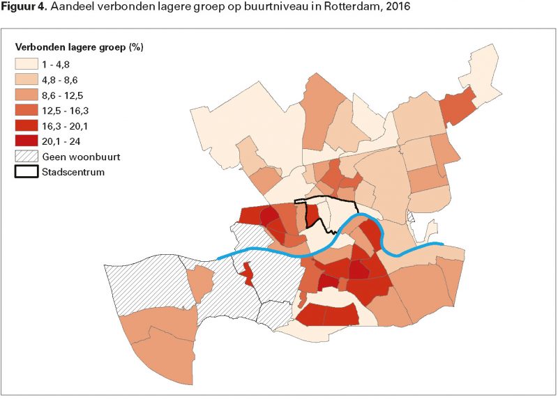 Figuur 4. Aandeel verbonden lagere groep op buurtniveau in Rotterdam, 2016