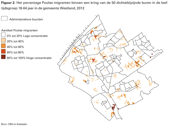 Figuur 1. Het percentage Poolse migranten binnen een kring van de 25.600 dichtstbijzijnde buren in de
leeftijdsgroep 18-64 jaar in Nederland, 2012