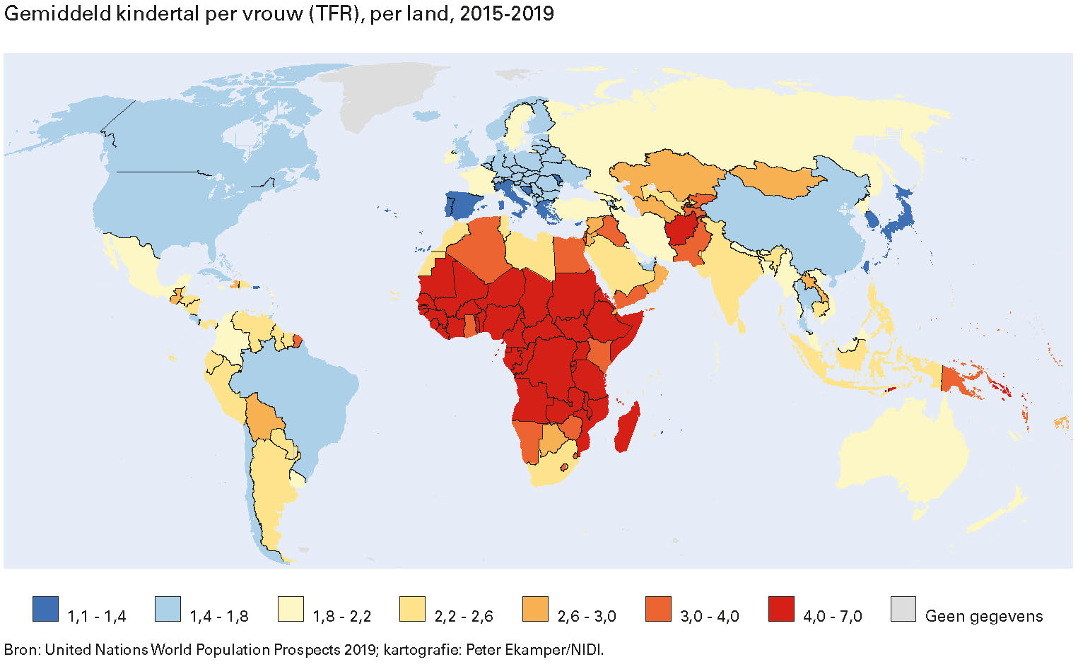 Gemiddeld kindertal per vrouw (TFR), per land, 2015-2019