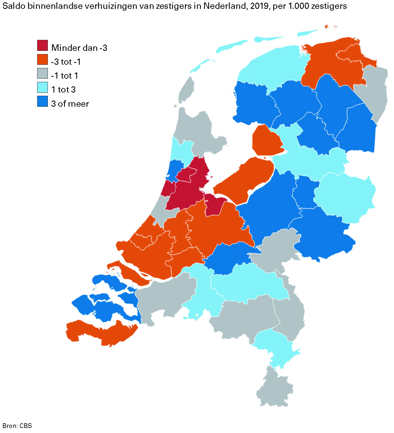 Saldo binnenlandse verhuizingen van zestigers in Nederland, 2019, per 1.000 zestigers