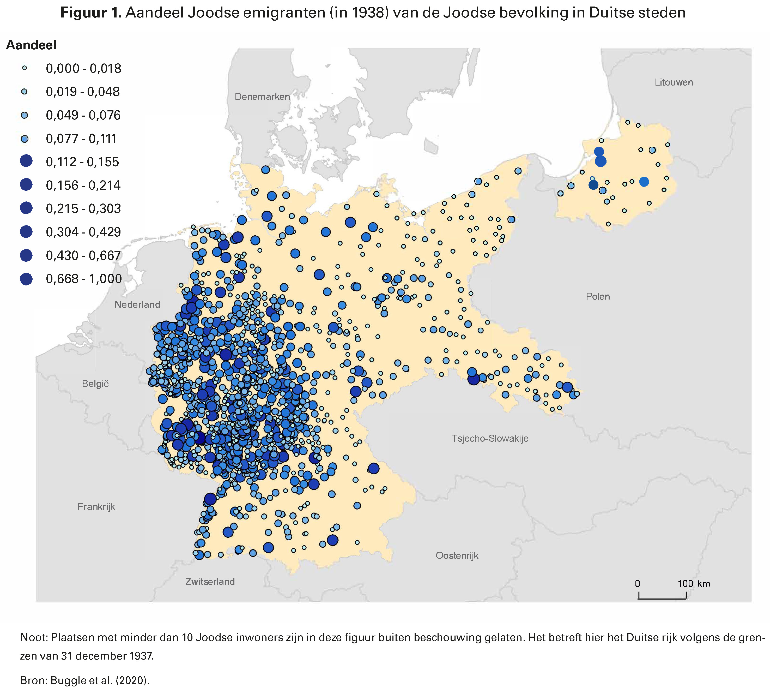 Figuur 1. Aandeel Joodse emigranten (in 1938) van de Joodse bevolking in Duitse steden