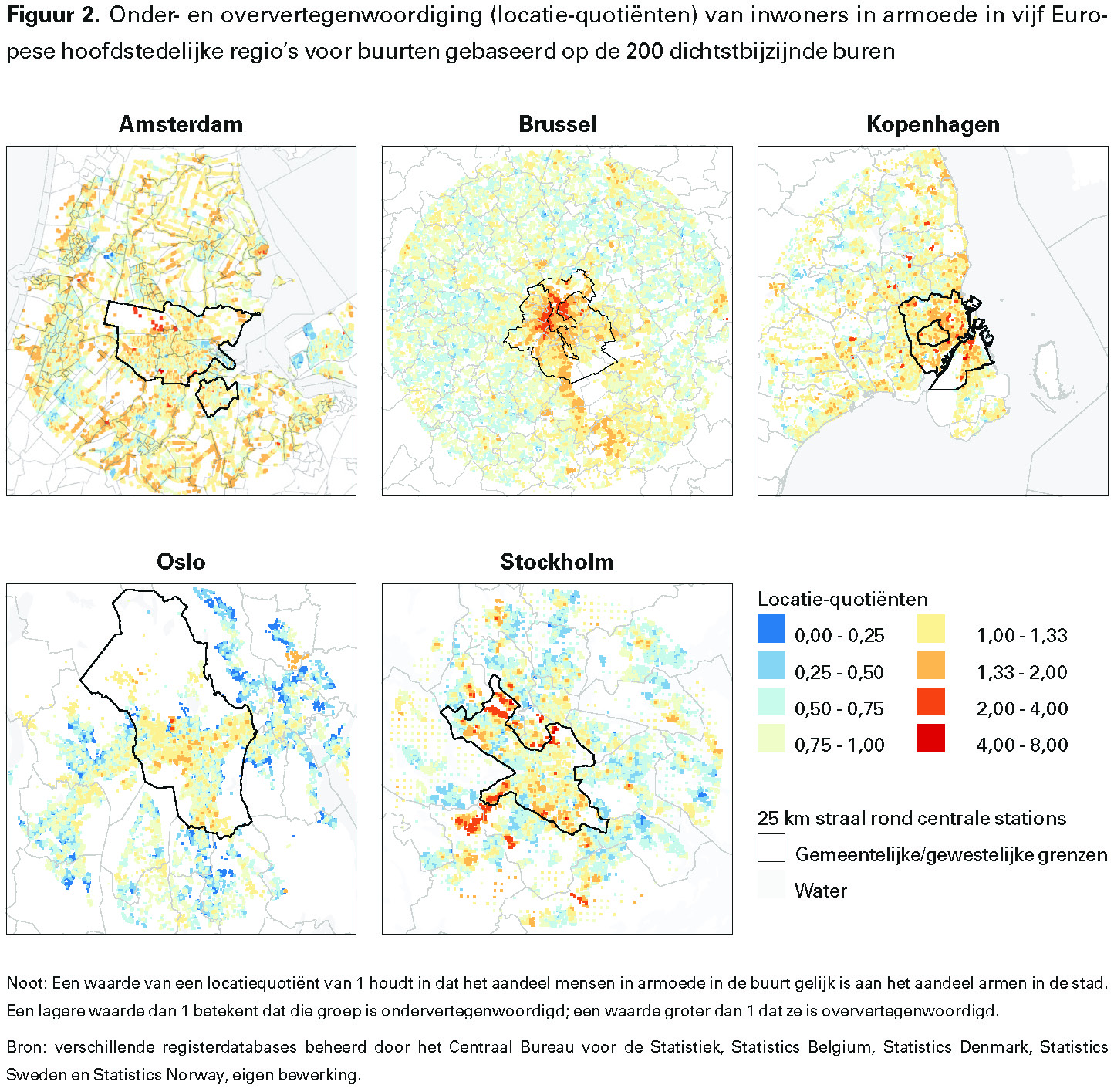 Figuur 2. Onder- en oververtegenwoordiging (locatie-quotiënten) van inwoners in armoede in vijf Europese hoofdstedelijke regio’s voor buurten gebaseerd op de 200 dichtstbijzijnde buren