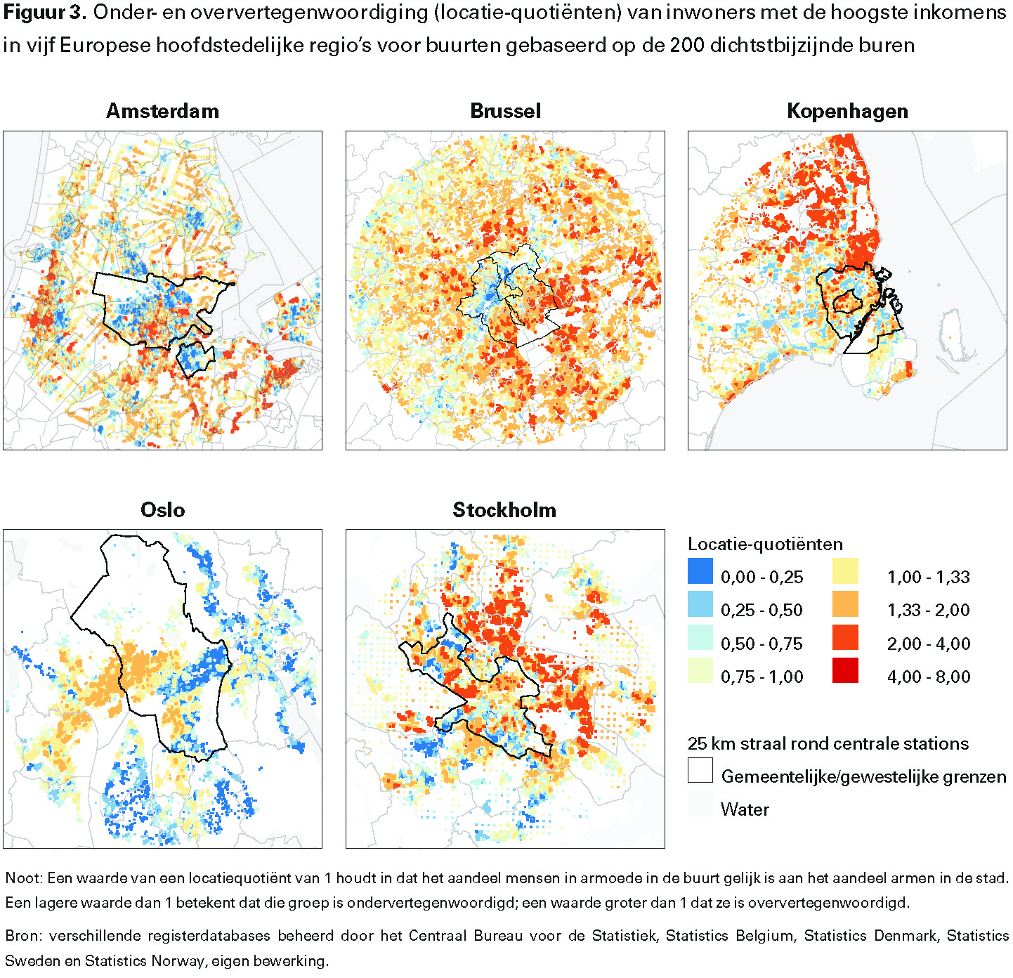 Figuur 3. Onder- en oververtegenwoordiging (locatie-quotiënten) van inwoners met de hoogste inkomens in vijf Europese hoofdstedelijke regio’s voor buurten gebaseerd op de 200 dichtstbijzijnde buren