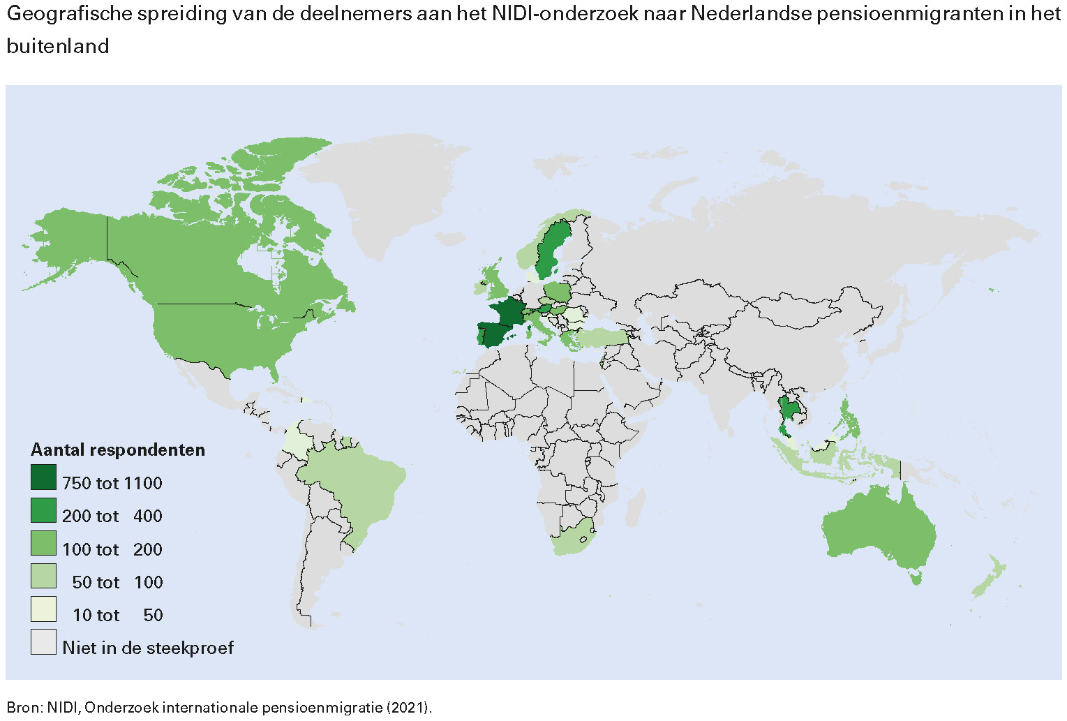 Geografische spreiding van de deelnemers aan het NIDI-onderzoek naar Nederlandse pensioenmigranten in het buitenland