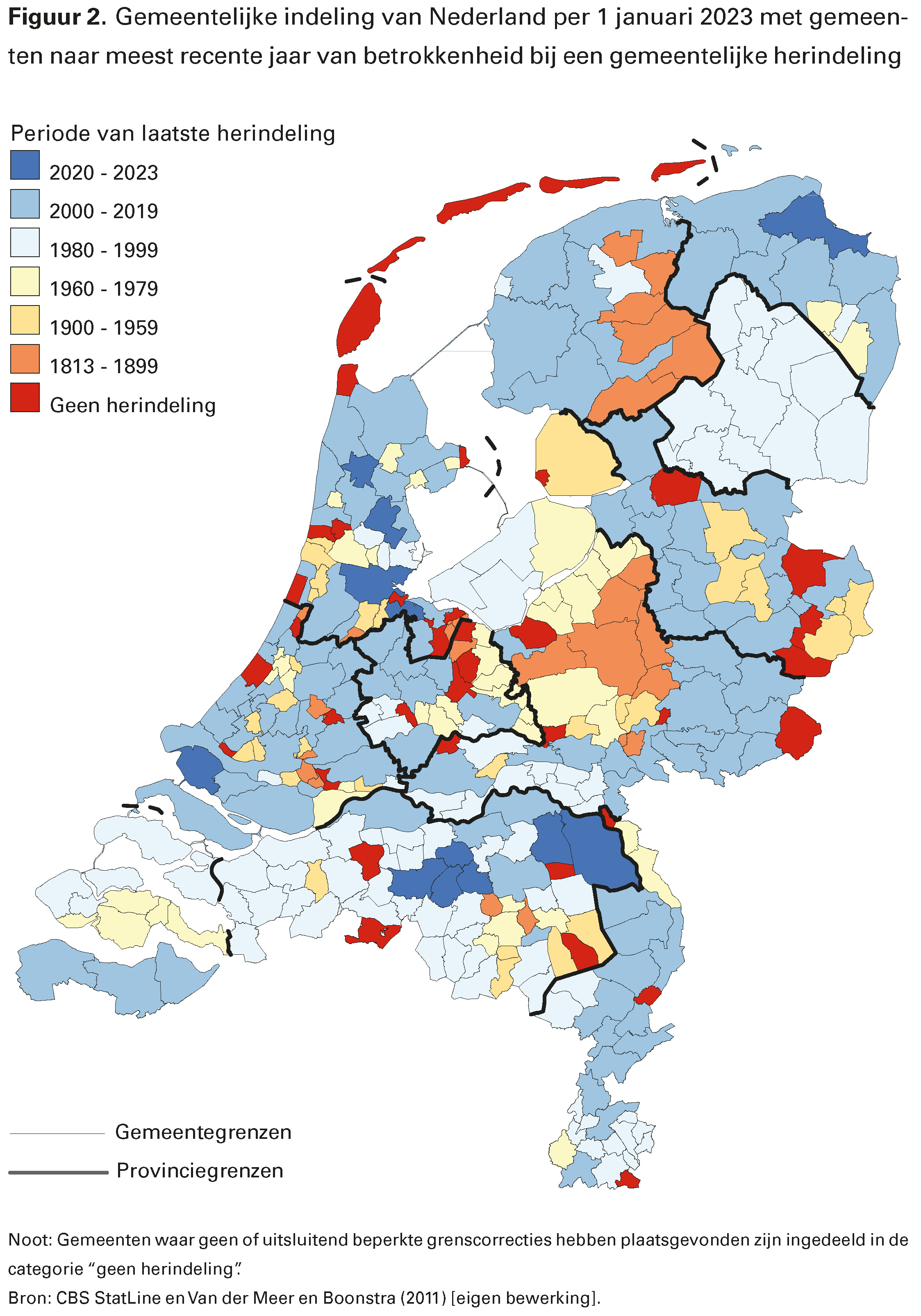 Figuur 2. Gemeentelijke indeling van Nederland per 1 januari 2023 met gemeenten naar meest recente jaar van betrokkenheid bij een gemeentelijke herindeling