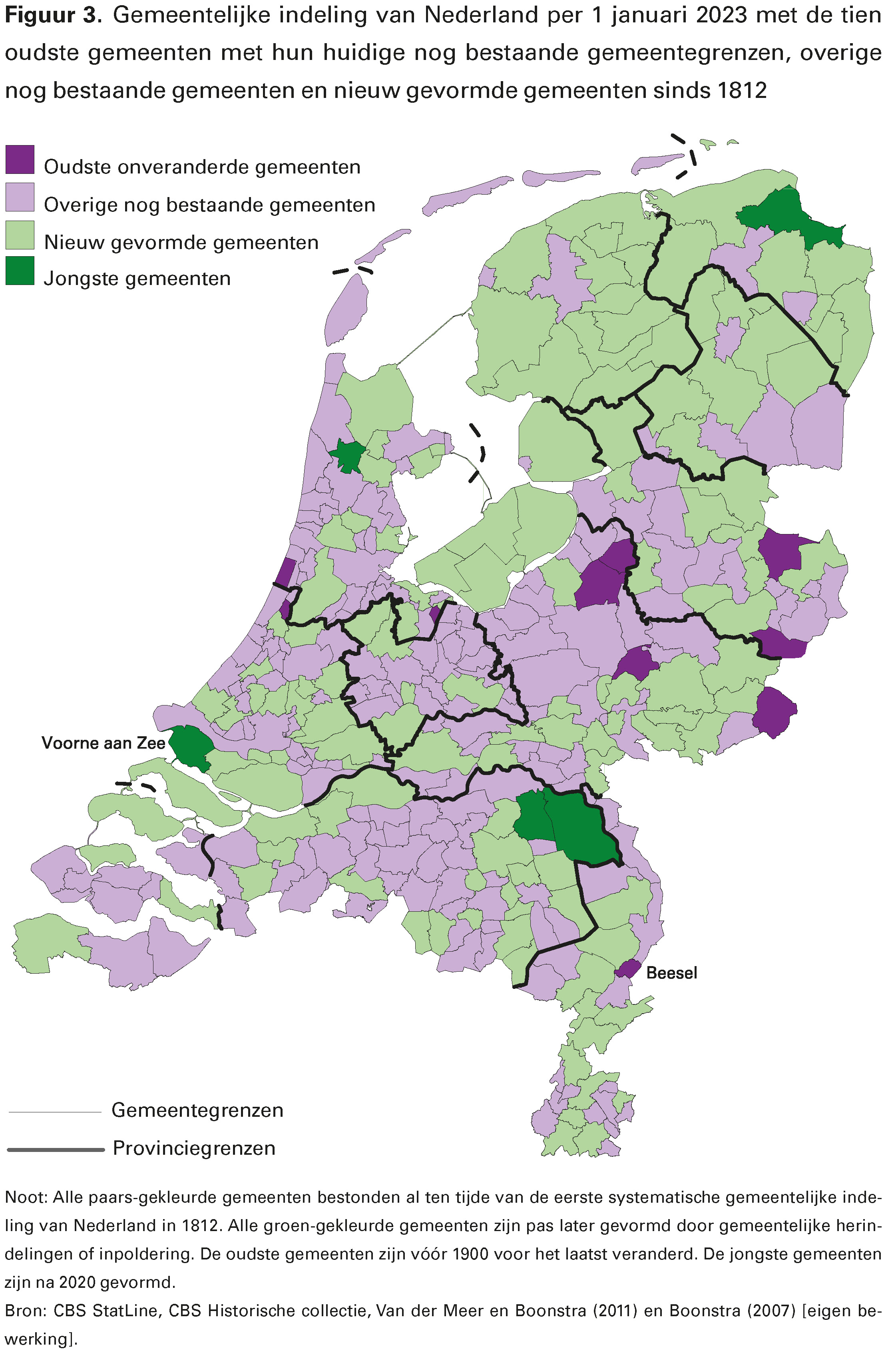 Figuur 3. Gemeentelijke indeling van Nederland per 1 januari 2023 met de tien oudste gemeenten met hun huidige nog bestaande gemeentegrenzen, overige nog bestaande gemeenten en nieuw gevormde gemeenten sinds 1812