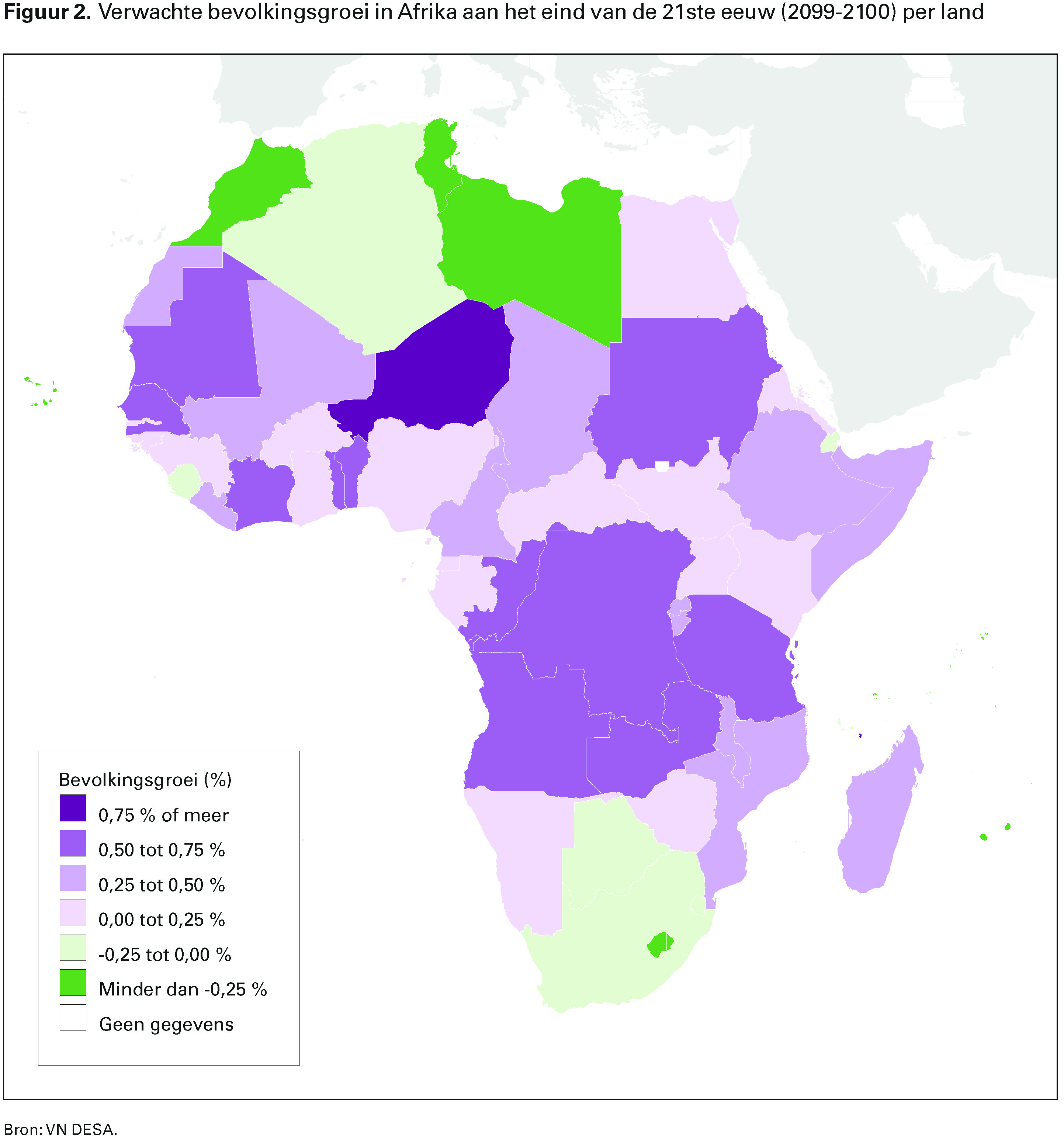 Figuur 2. Verwachte bevolkingsgroei in Afrika aan het eind van de 21ste eeuw (2099-2100) per land