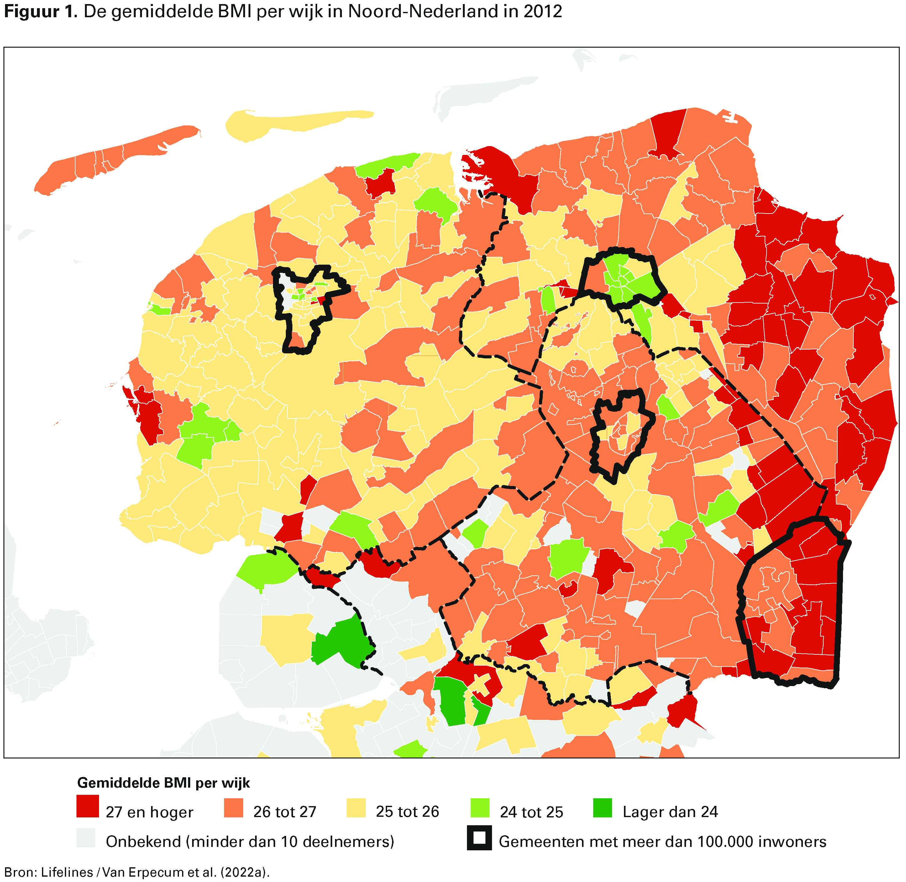 Figuur 1. De gemiddelde BMI per wijk in Noord-Nederland in 2012