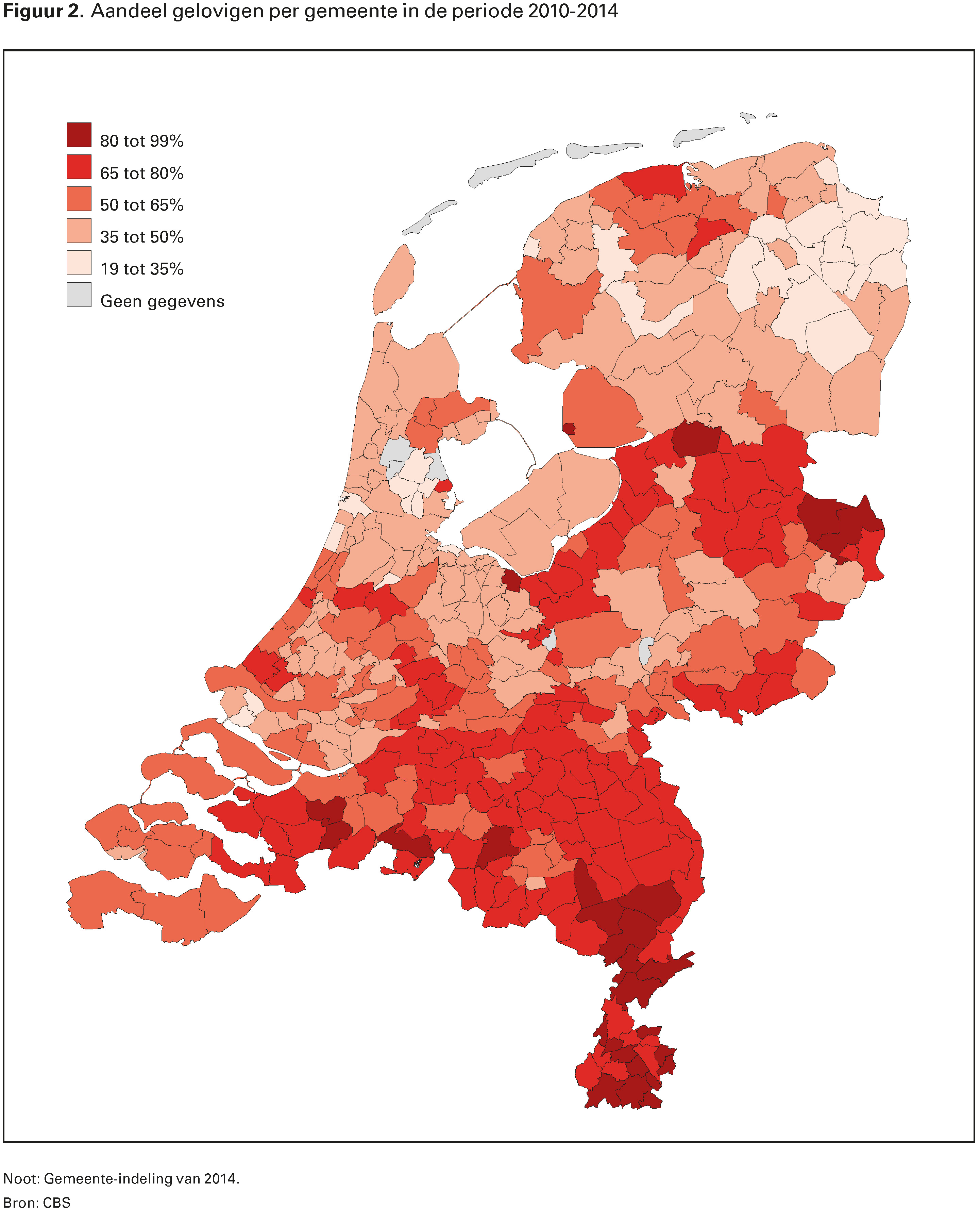 Figuur 2. Aandeel gelovigen per gemeente in de periode 2010-2014