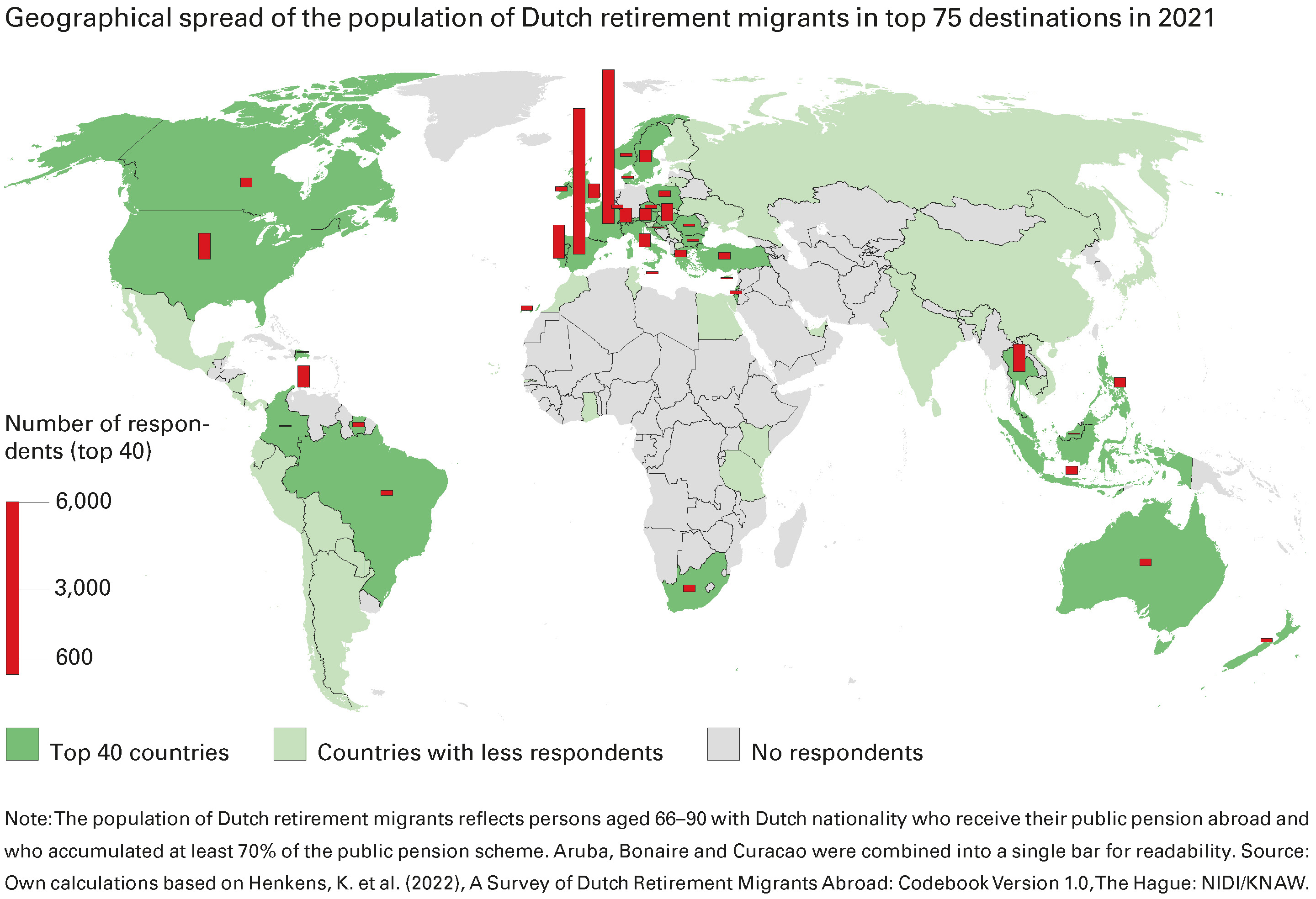 Geographical spread of the population of Dutch retirement migrants in top 75 destinations in 2021