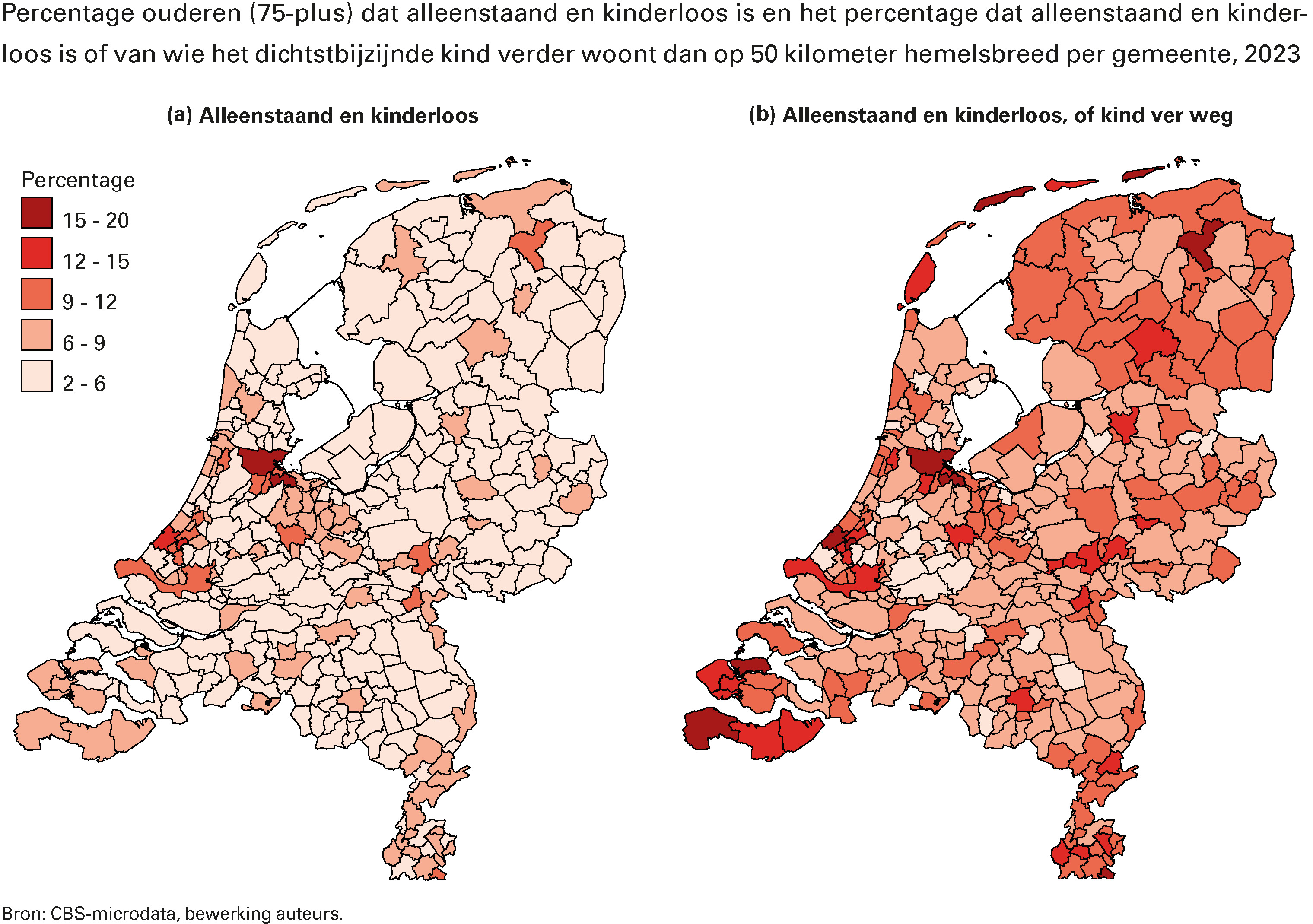 Kaarten. Percentage ouderen (75-plus) dat alleenstaand en kinderloos is en het percentage dat alleenstaand en kinderloos is of van wie het dichtstbijzijnde kind verder woont dan op 50 kilometer hemelsbreed per gemeente, 2023